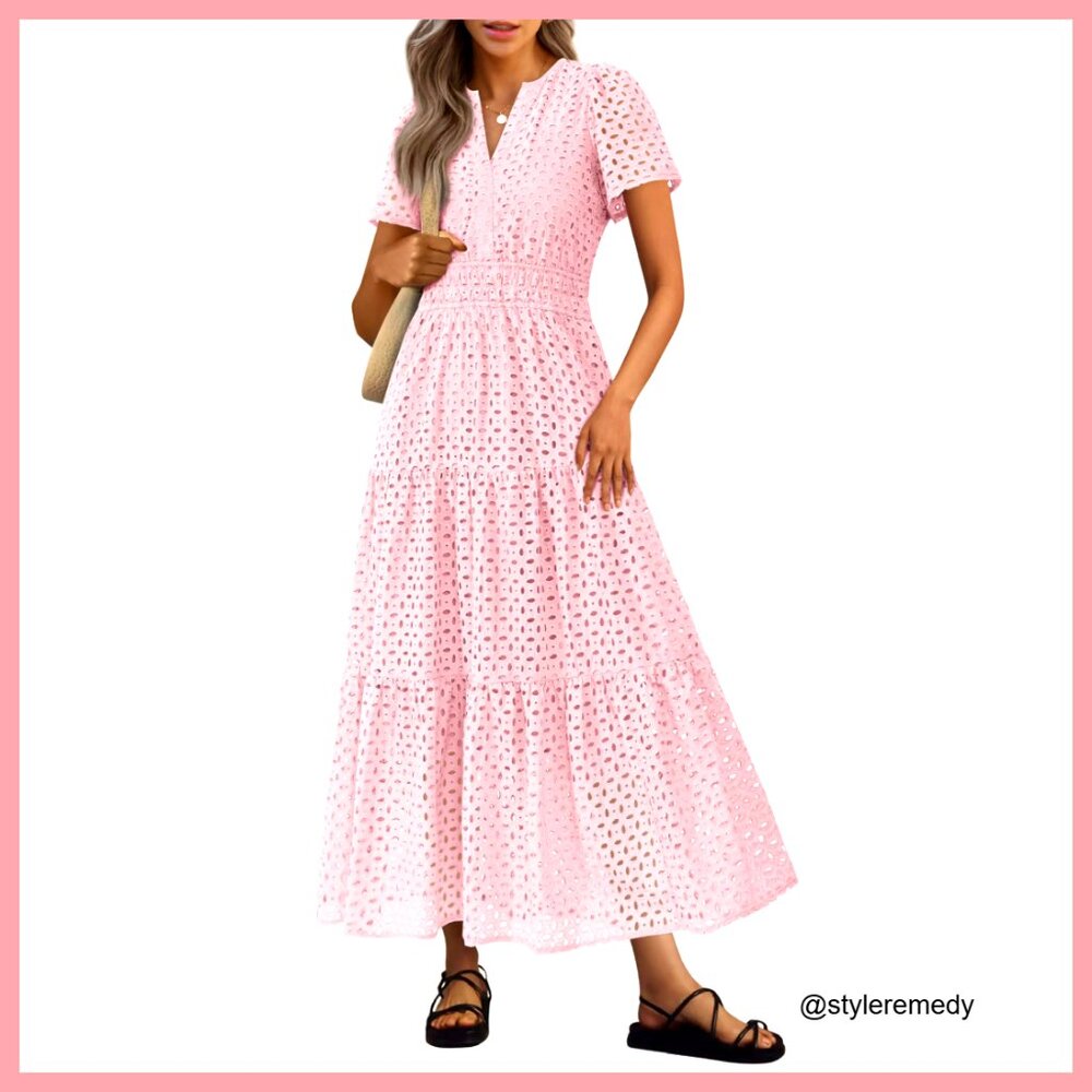 Summer Maxi Dress Short Sleeve V Neck Eyelet A Line Long Flowy Beach